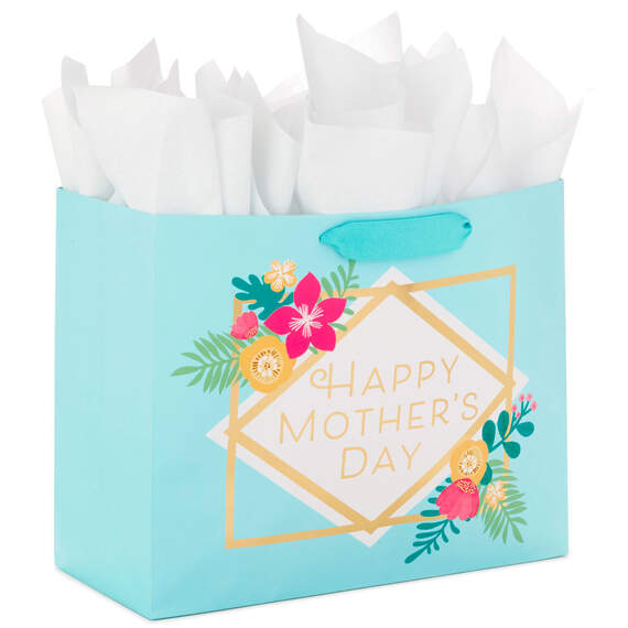 10.4" Floral on Blue Large Horizontal Mother's Day Gift Bag With Tissue