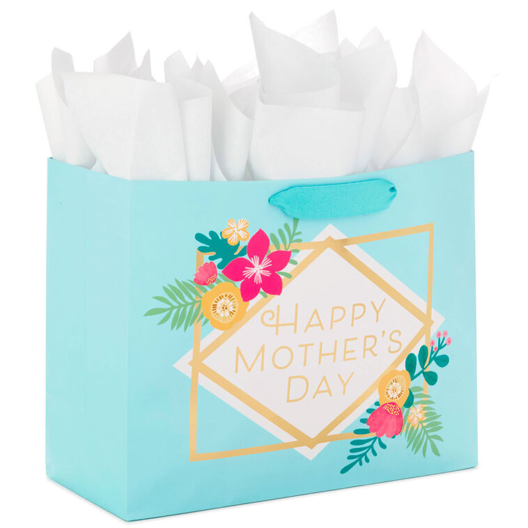 10.4" Floral on Blue Large Horizontal Mother's Day Gift Bag With Tissue