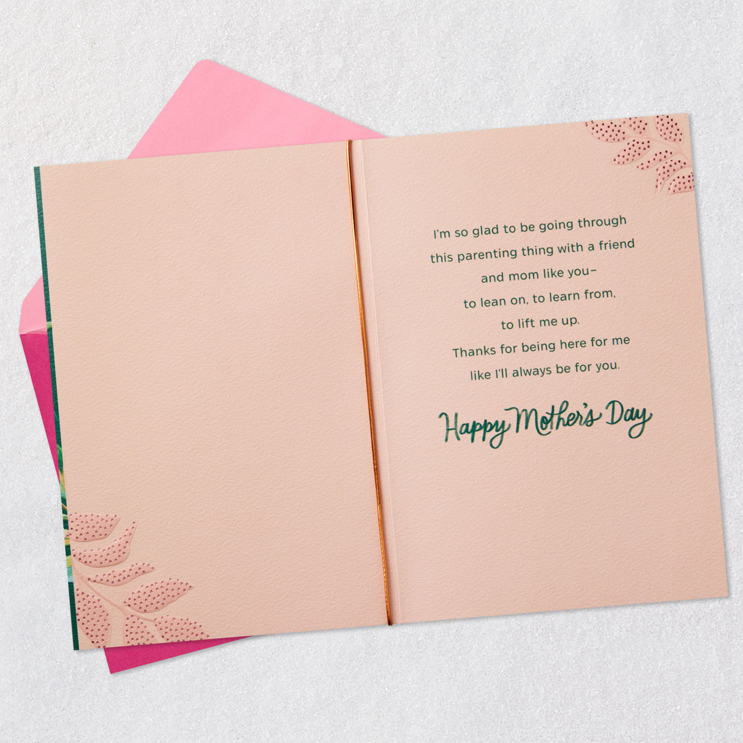 Peach and Green Leaves Mother's Day Card for Mom Squad Open card with envelope image number 3
