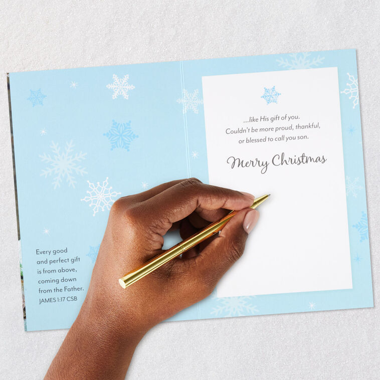 Snowy Barn Religious Christmas Card for Son Signing card image number 8