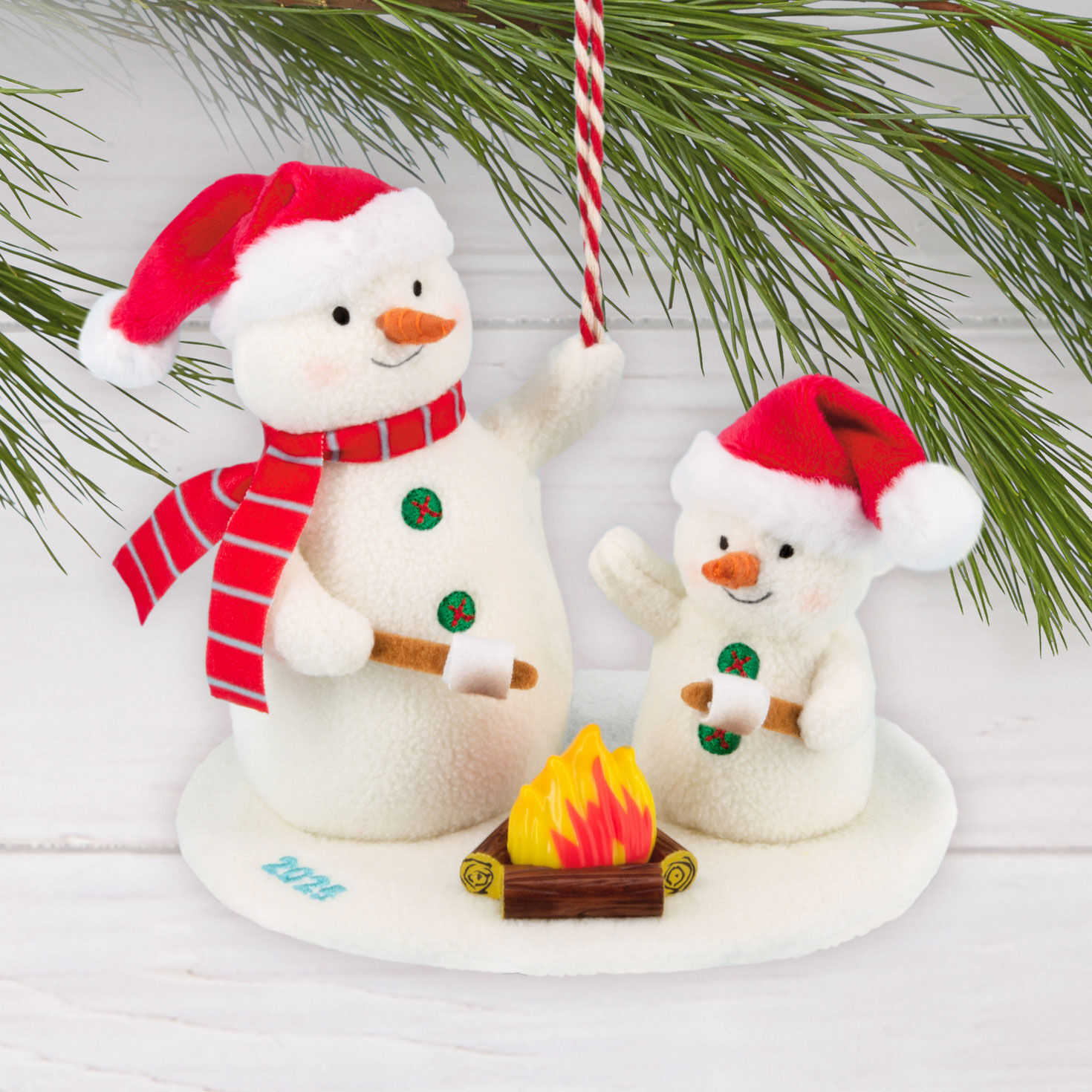 Snowmen Roasting Marshmallows Christmas Ornament hanging on tree image number 2