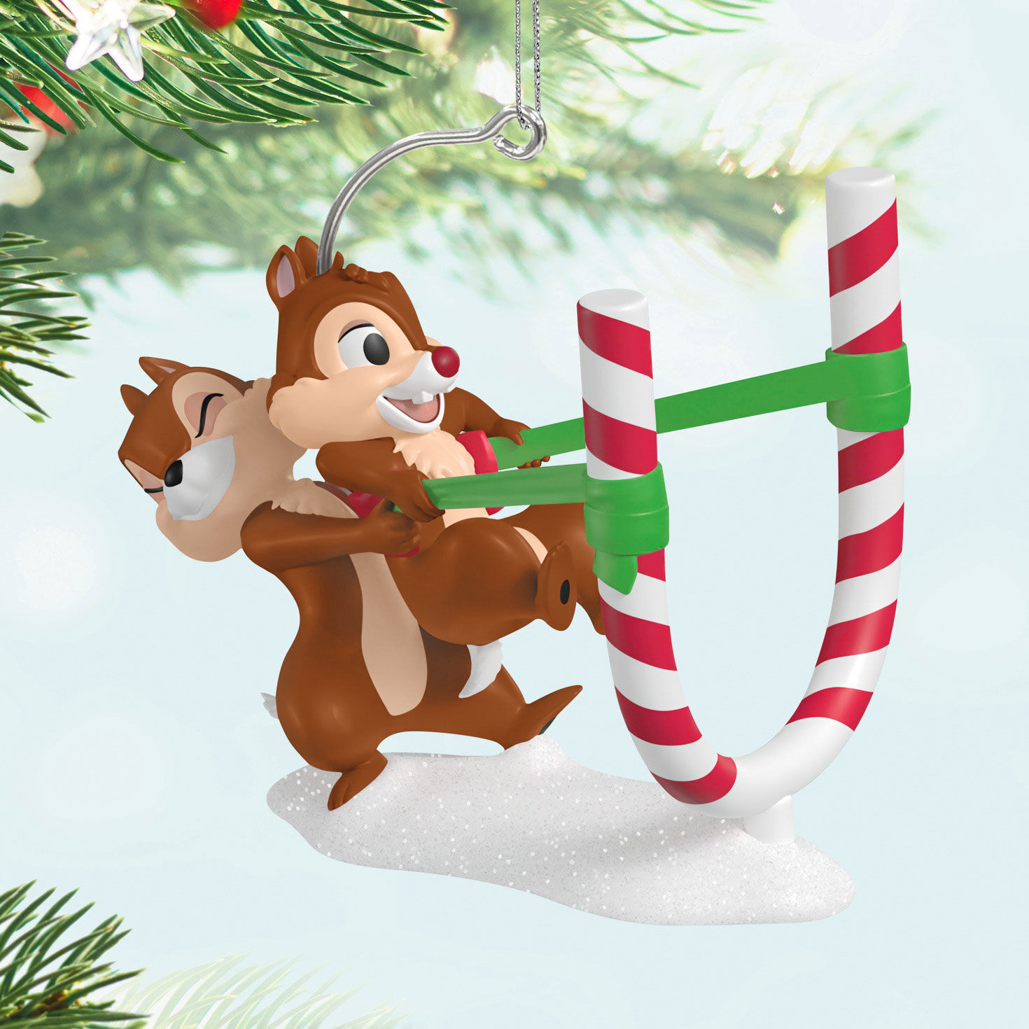 Chip and Dale Candy Cane Catapult Keepsake Ornament Hanging on tree image number 2