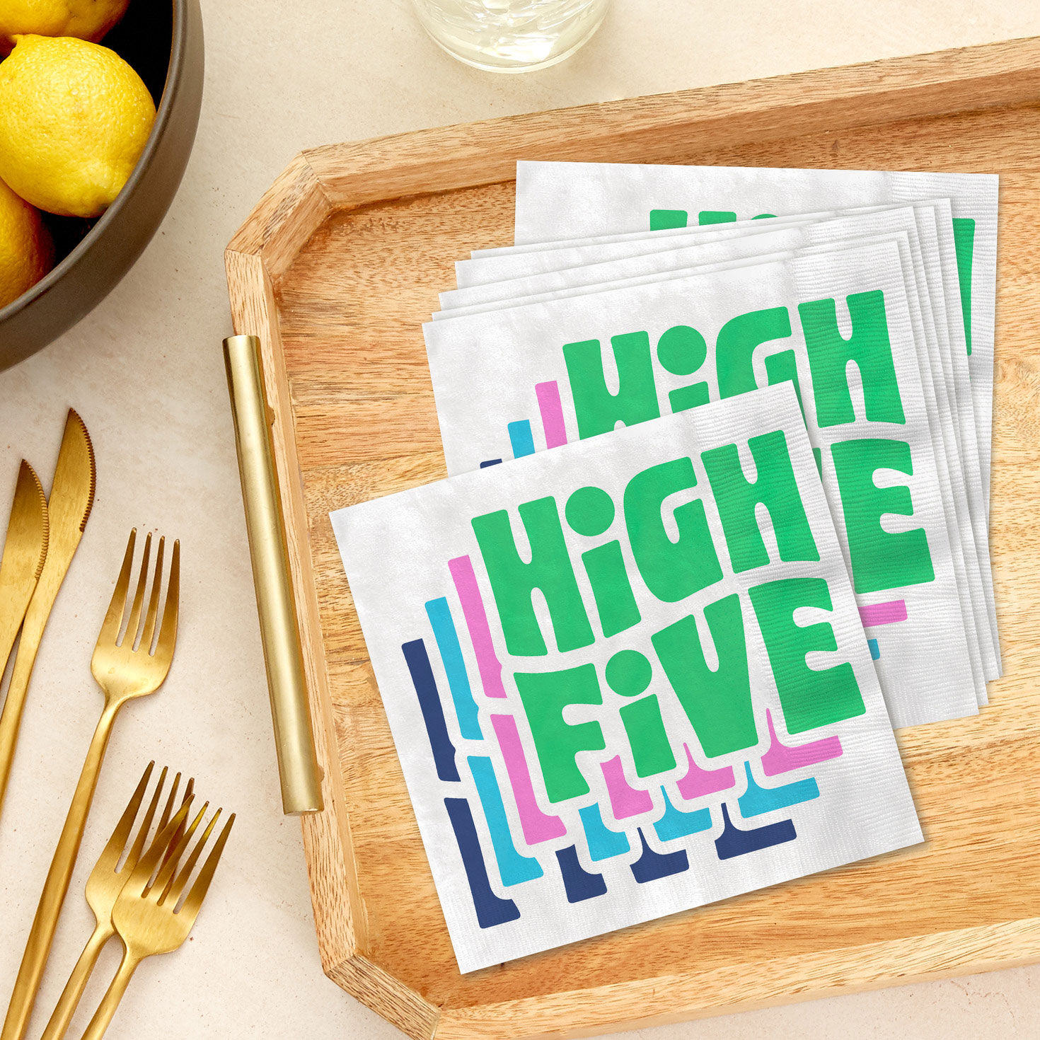 Retro Lettering High Five on White Dinner Napkins  image number 3