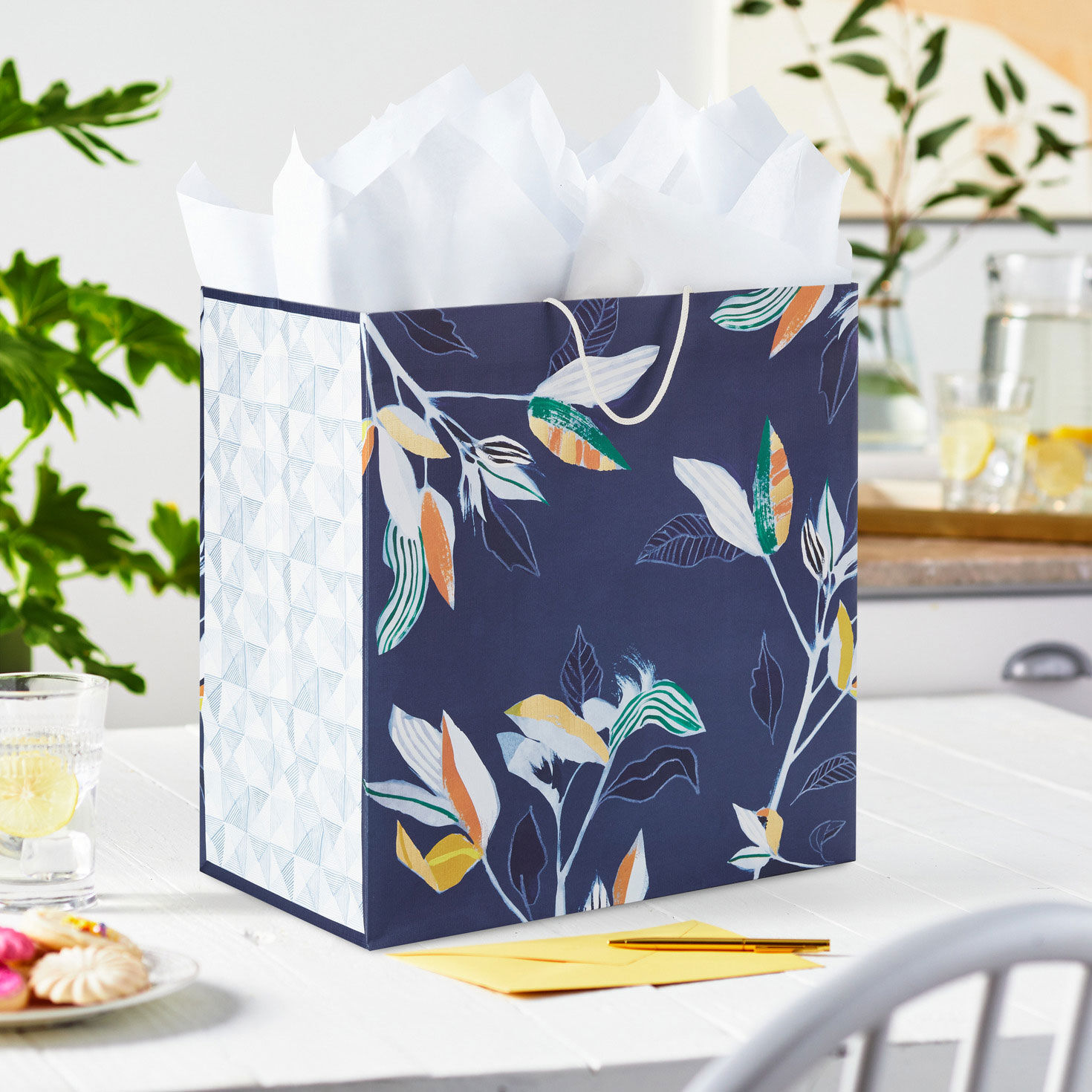Tropical Stems on Navy Extra-Deep Gift Bag In use image number 2