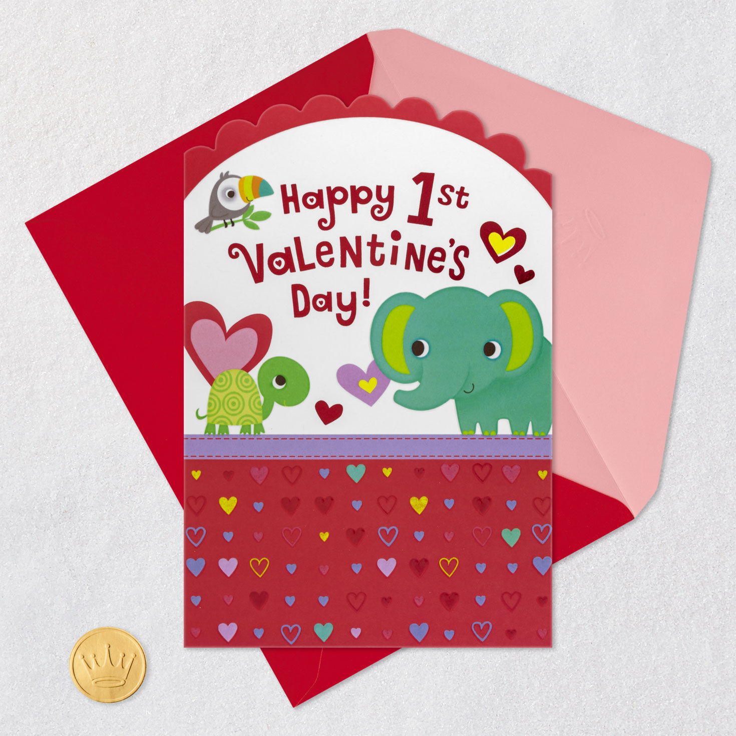 Zoo Animals Baby's First Valentine's Day Card Card Front with Envelope and Gold Seal image number 6
