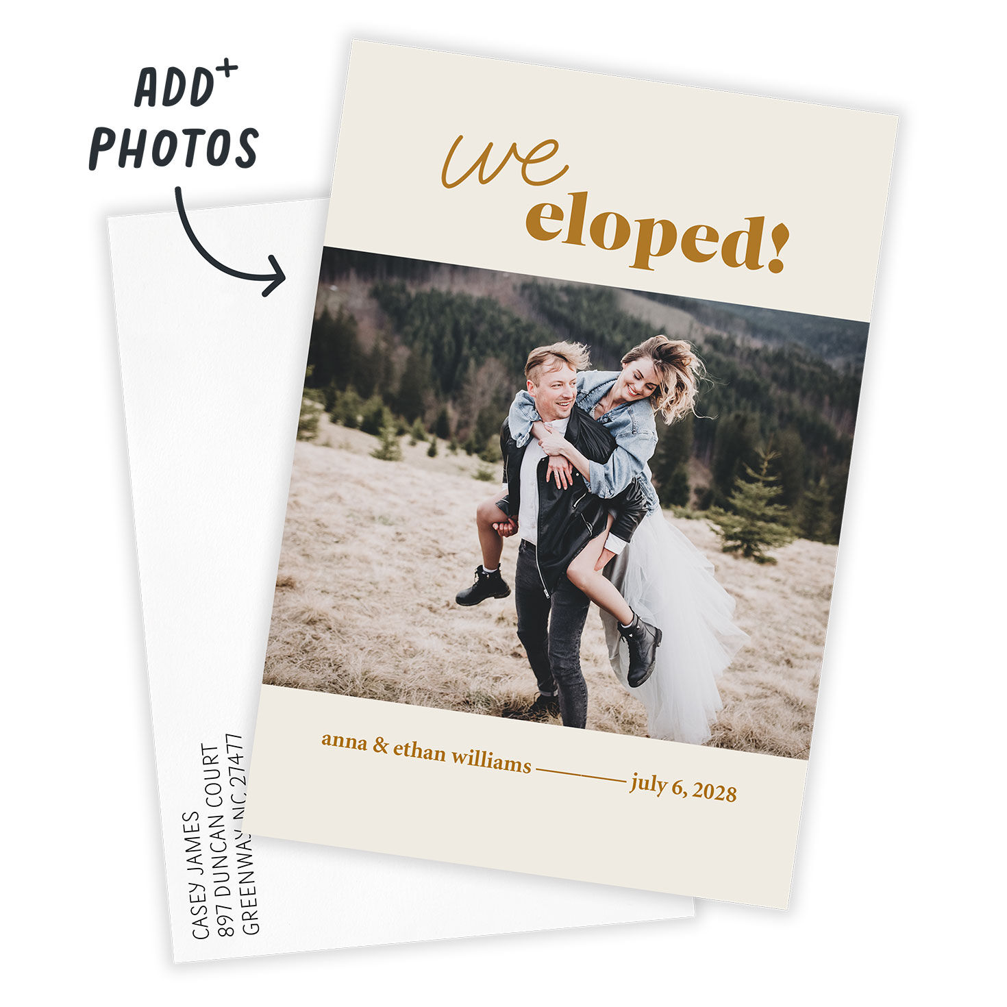 We Eloped Personalized Wedding Announcement Card front with Envelope indicating personalization image number 2