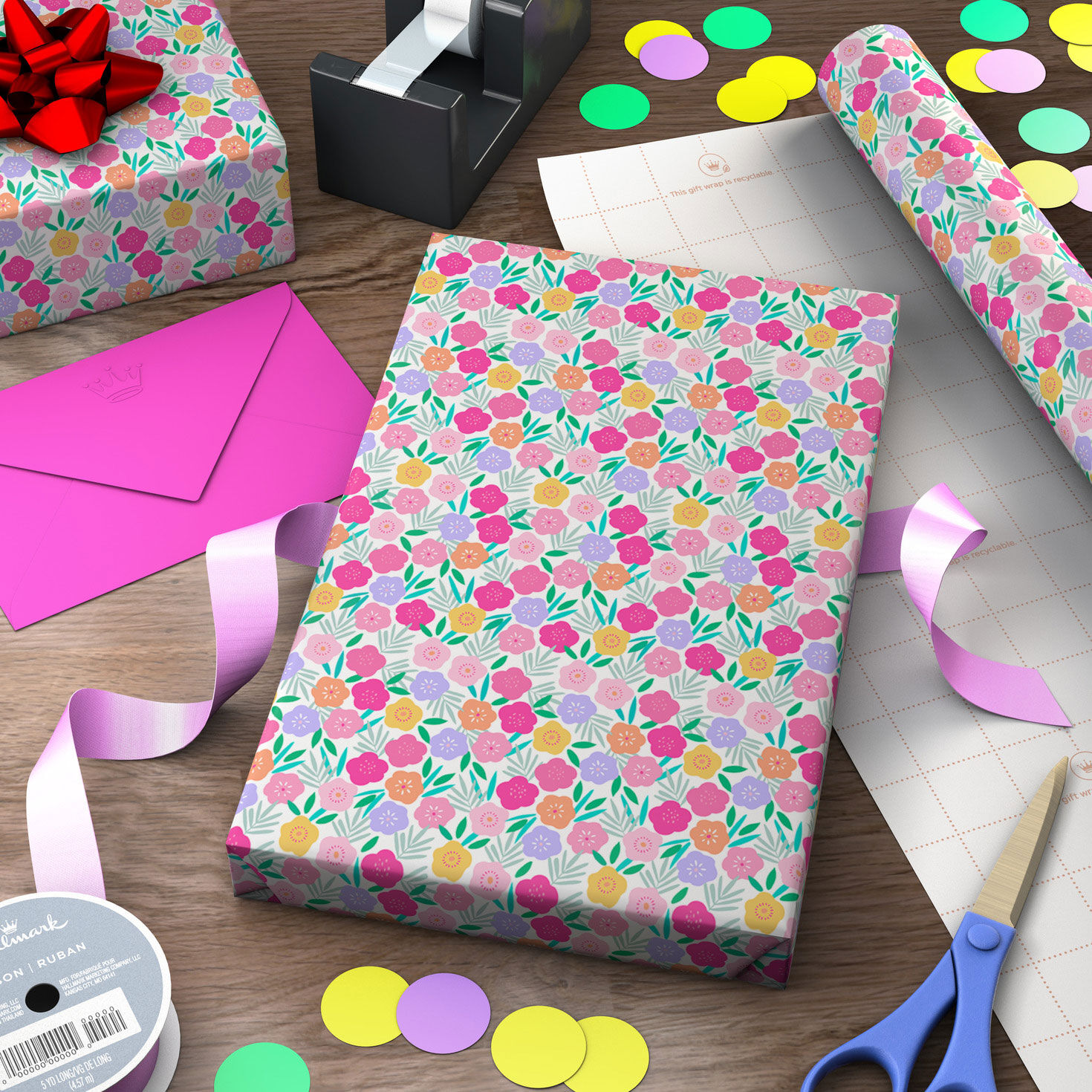 Pink, Purple and Yellow Flower Print Gift Wrap Wrapped package image number 3