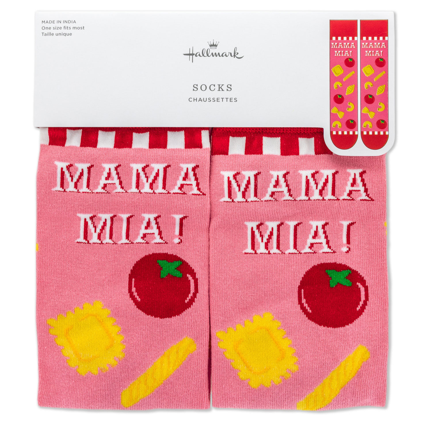 Mama Mia Pasta Shapes Pink Novelty Crew Socks package front image number 5
