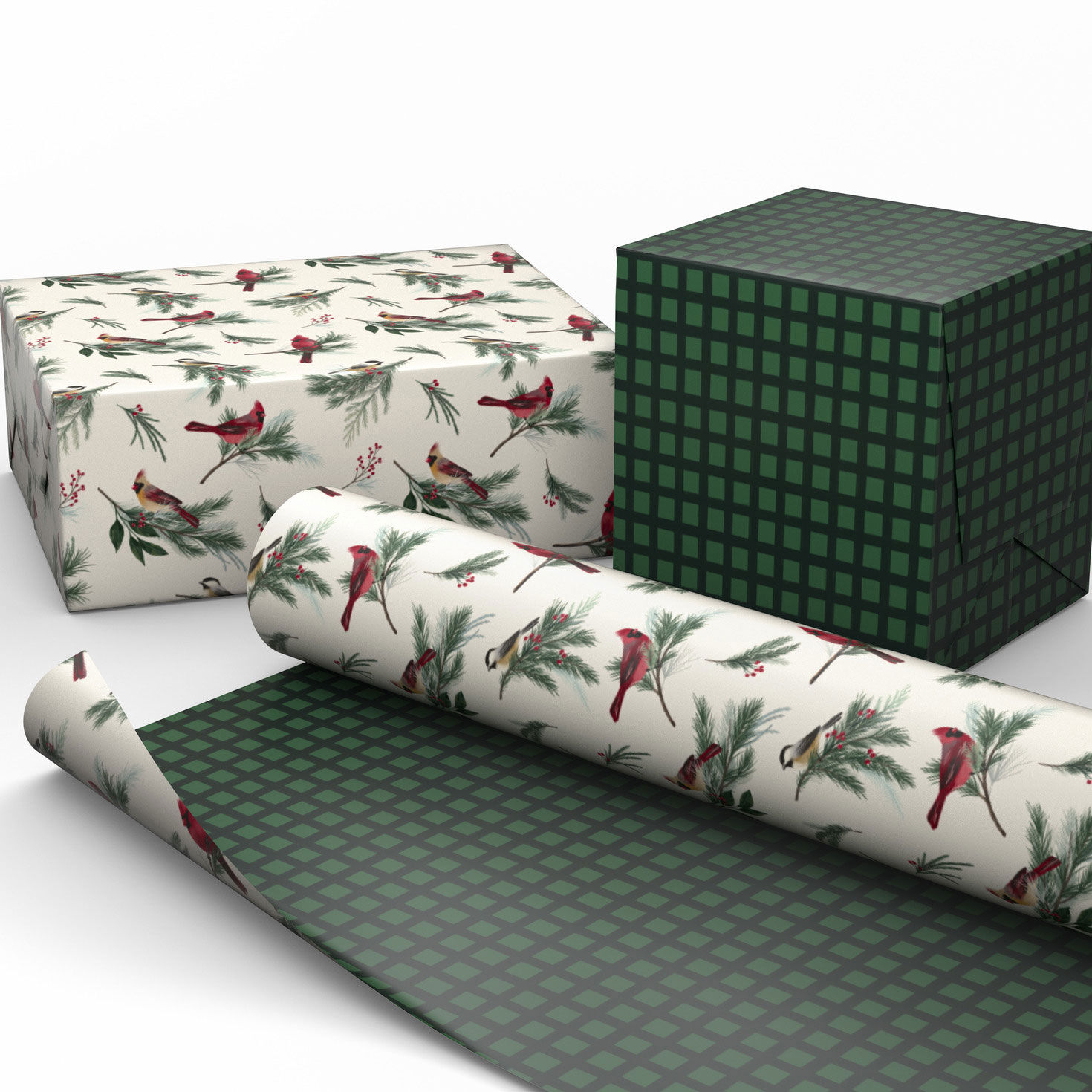 Cardinals/Green Check Reversible Holiday Gift Wrap Wrapped package image number 2