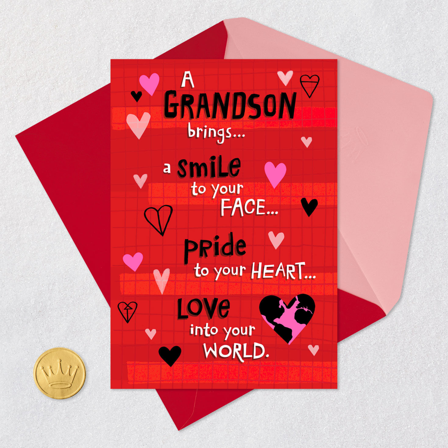 Hearts on Red Grid Grandson Valentine's Day Card Card Front with Envelope and Gold Seal image number 6