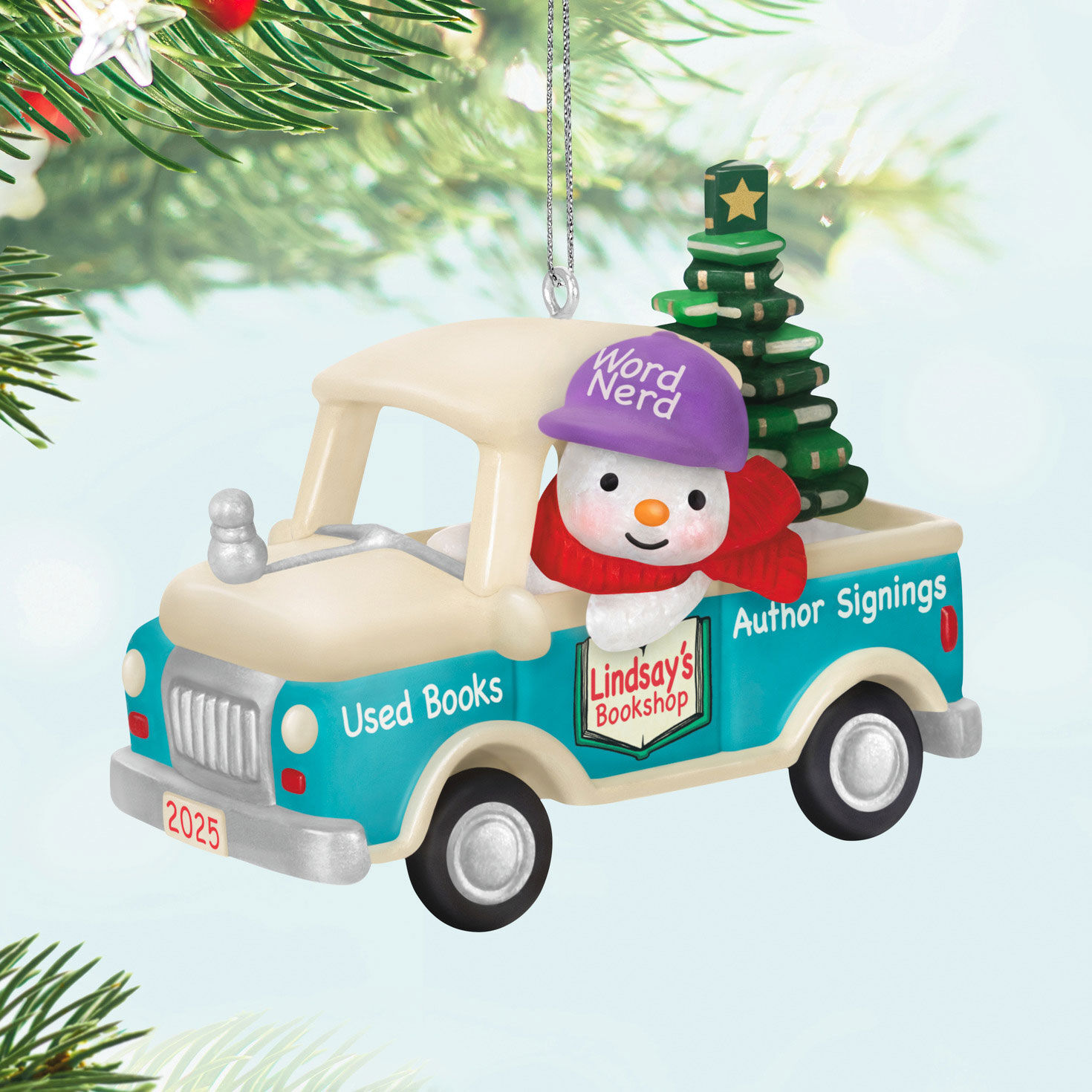 Snowman in Book Store Truck Keepsake Ornament Hanging on tree image number 2