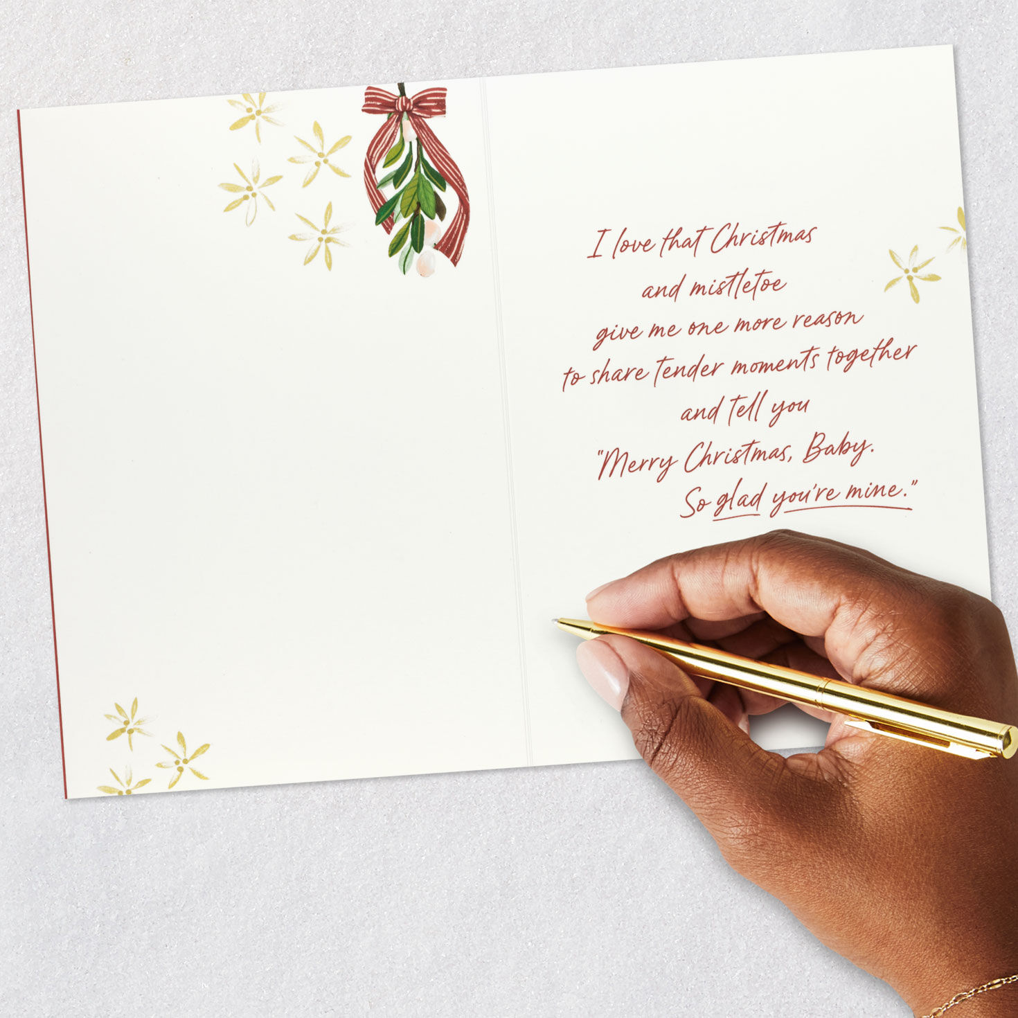 Burgundy Mistletoe Christmas Card for Husband or Wife Signing card image number 6