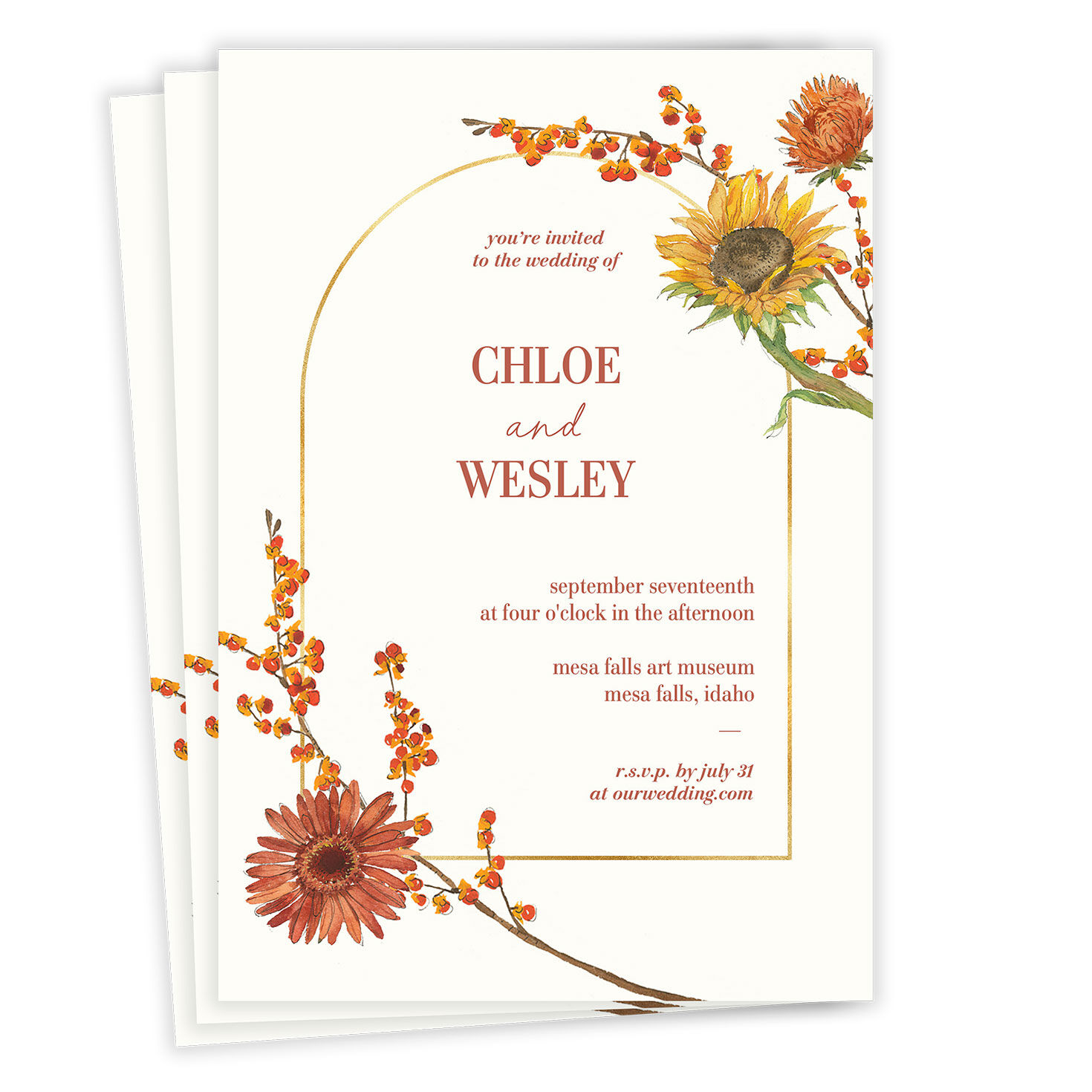 Fall Flowers and Gold Arch Wedding Invitation