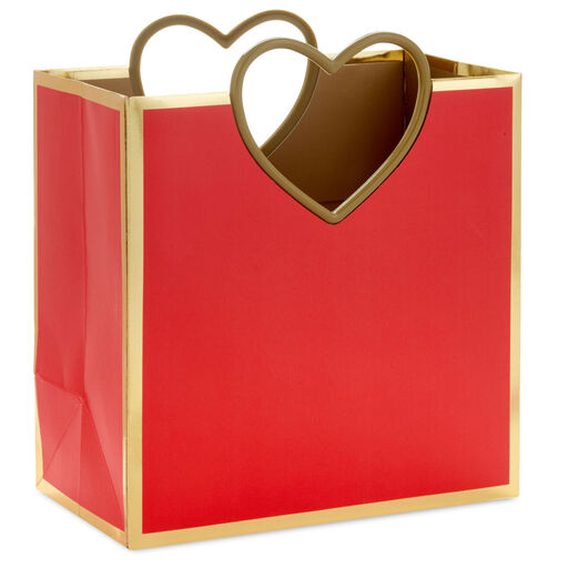 7.7" Gold Heart Handle Medium Red Square Gift Bag, 