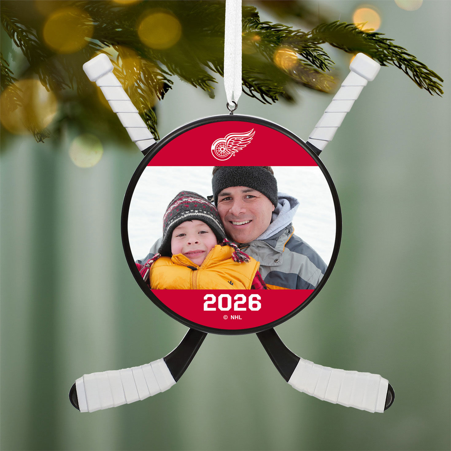 NHL Detroit Red Wings&reg; Hockey Personalized Ornament, Custom Photo and Text hanging on tree image number 2