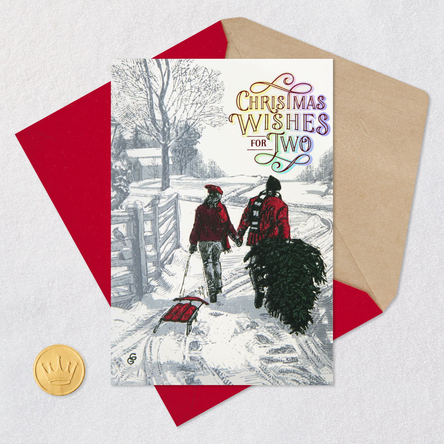 Red and Green Couple with Sled and Christmas Tree Card Card with envelope and Seal image number 7