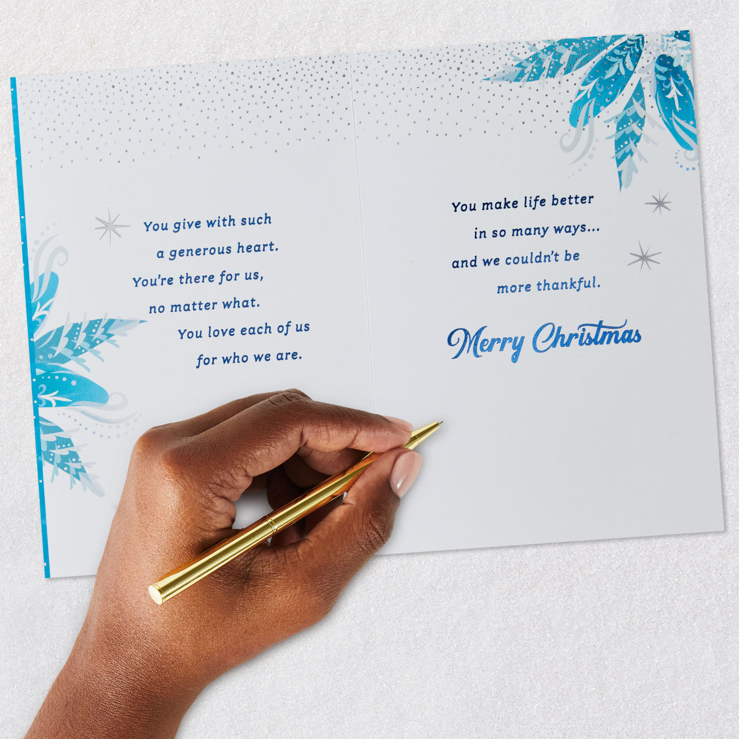Blue Snowflake Christmas Card for Mom from Family signing card image number 7