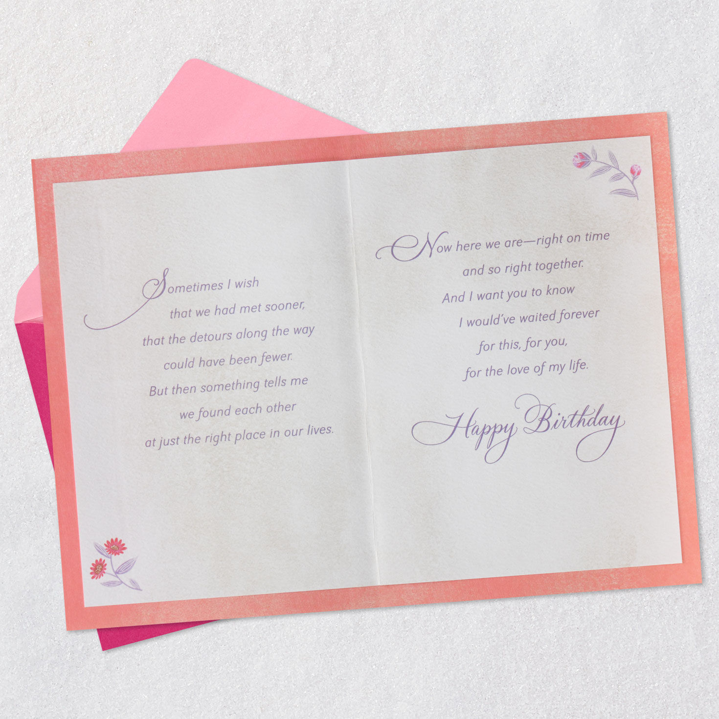 Elegant Flowers and Script Romantic Birthday Card Open card with envelope image number 4