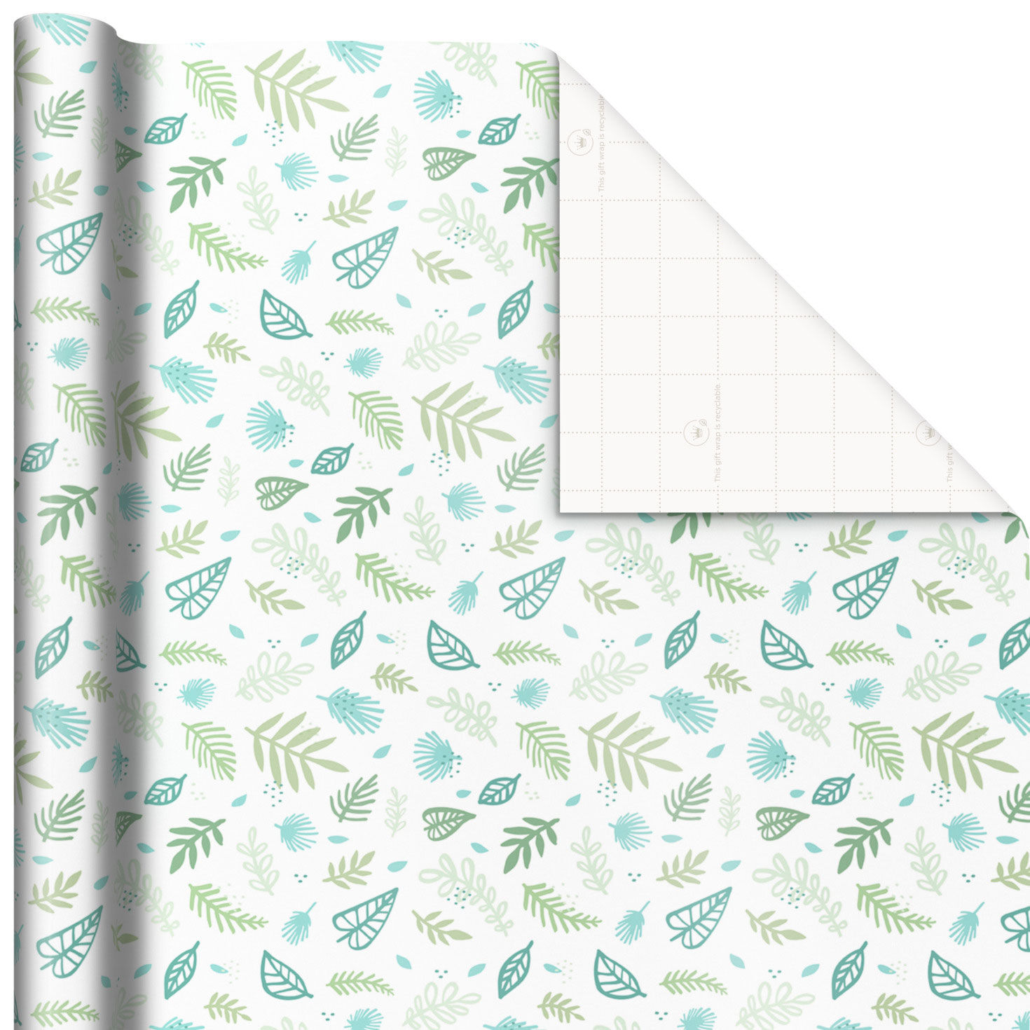 Green Leaves on White Wrapping Paper, 20 sq. ft.