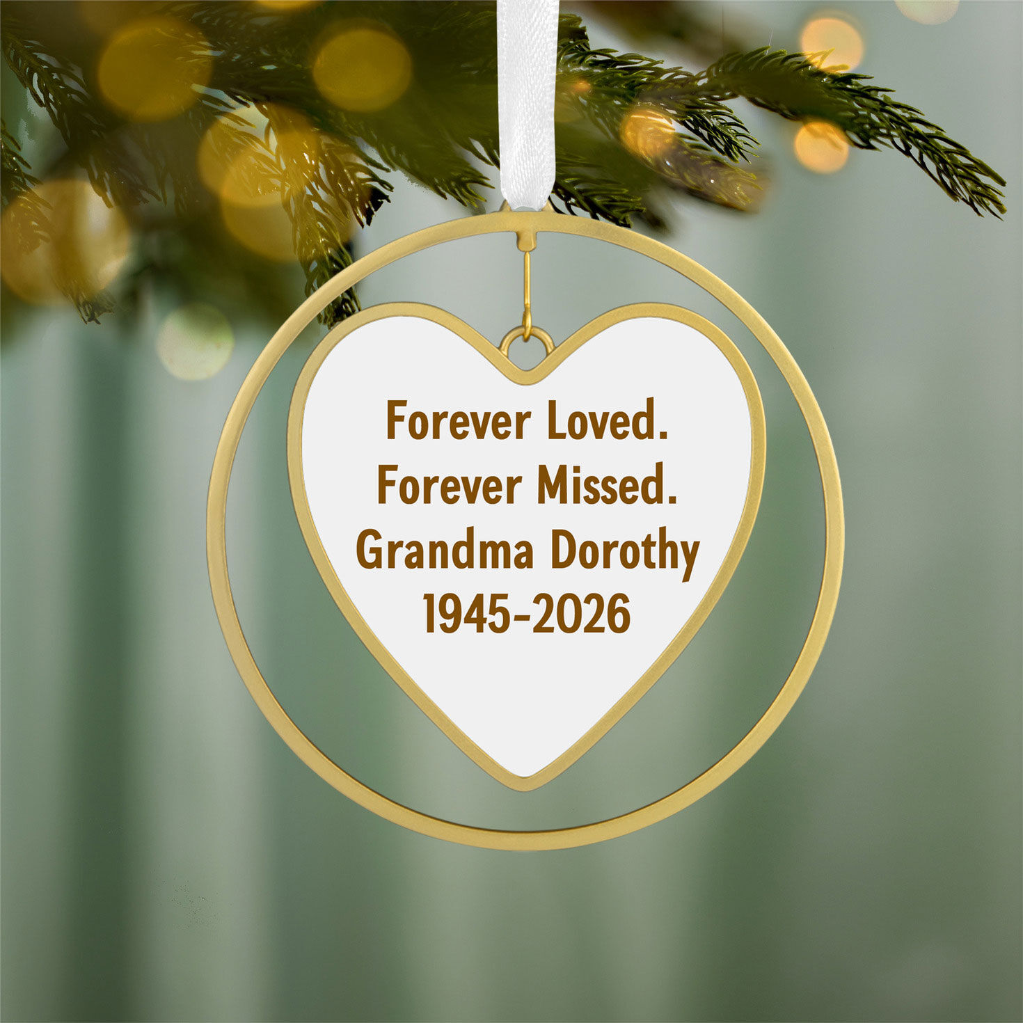 Gold Heart in Ring Personalized Text Ornament hanging on tree image number 2