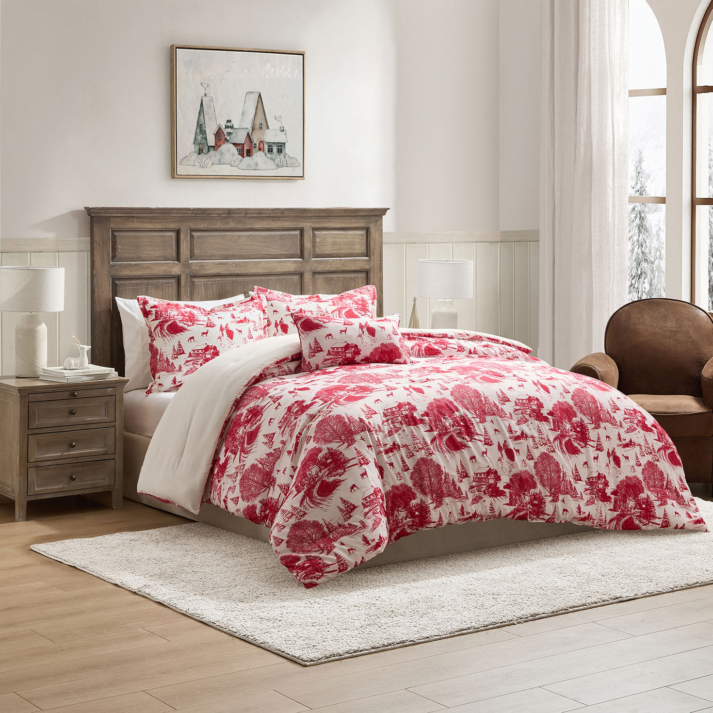 Red Holiday Toile Comforter Set With Shams and Pillow