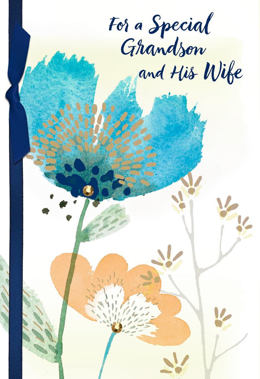 Blue Flower Anniversary Card for Grandson and His Wife