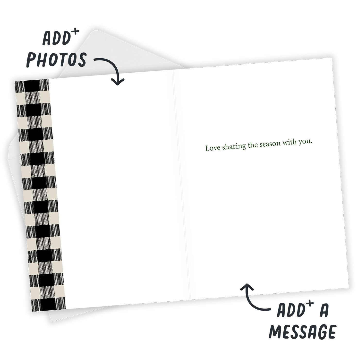 Black White Check Frame Personalized Christmas Card Open Card with Envelope indicating personalization image number 4