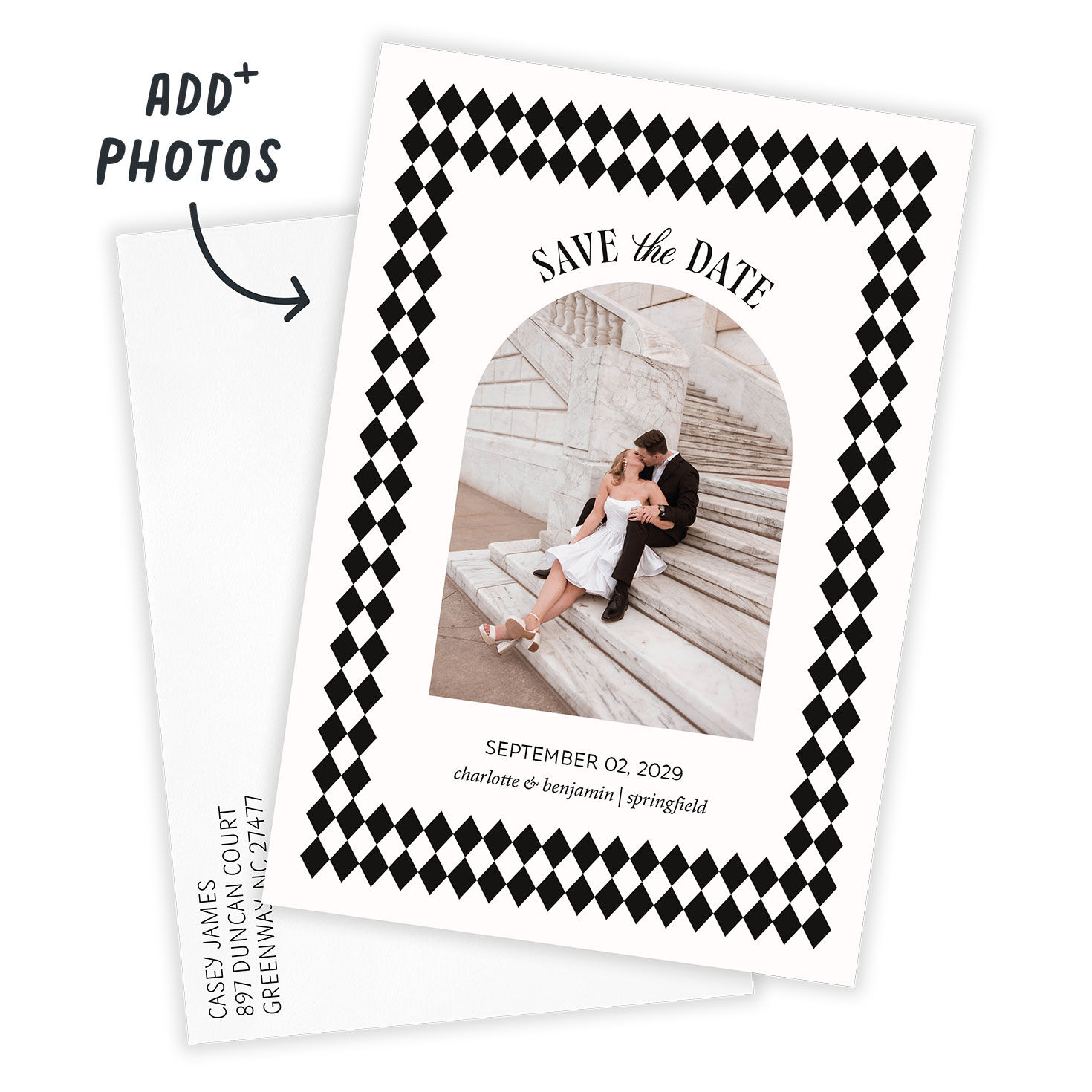 Black White Diamonds Personalized Save the Date Card Card front with Envelope indicating personalization image number 2