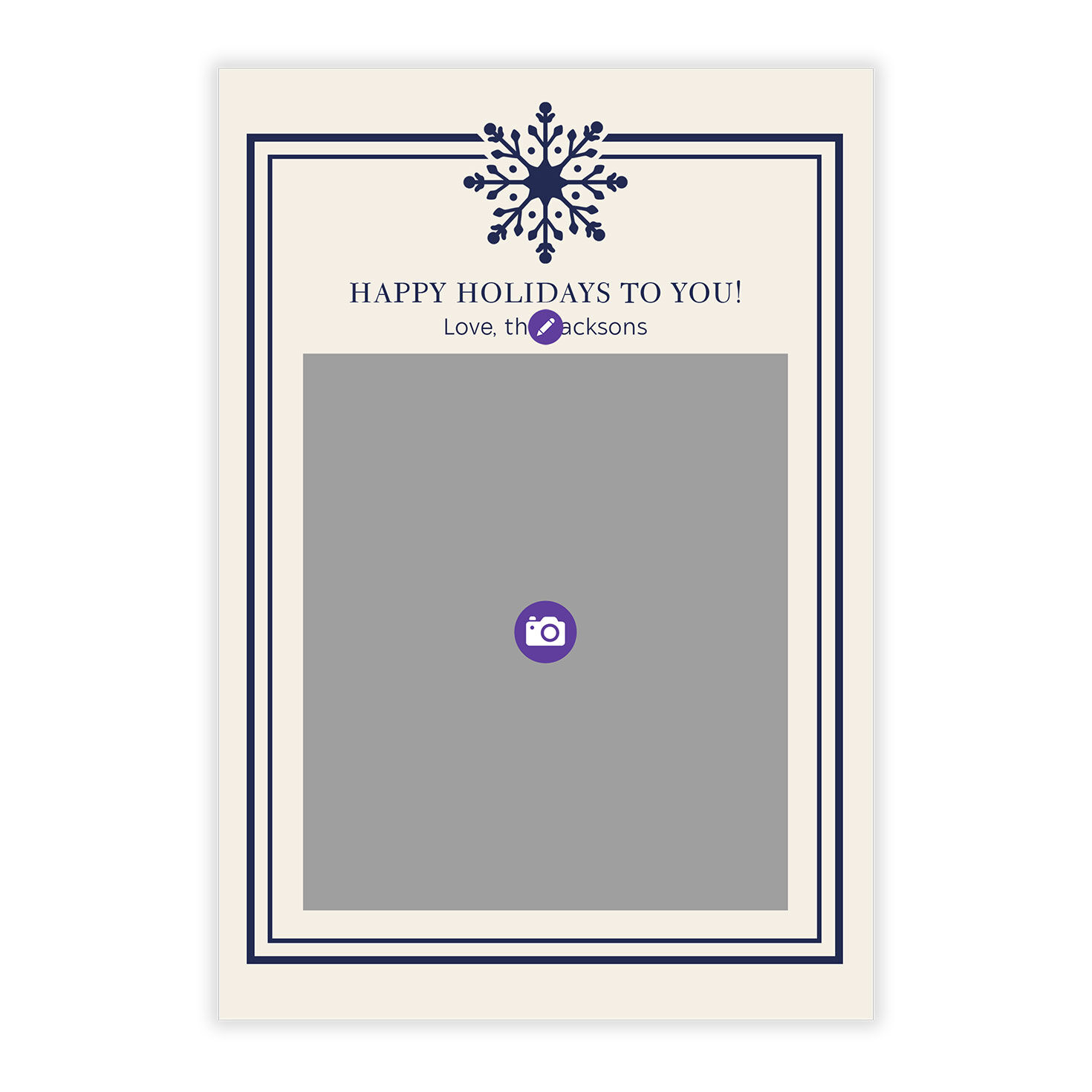 Blue Snowflake Frame Personalized Holiday Photo Card Card Front indicating personalization image number 5