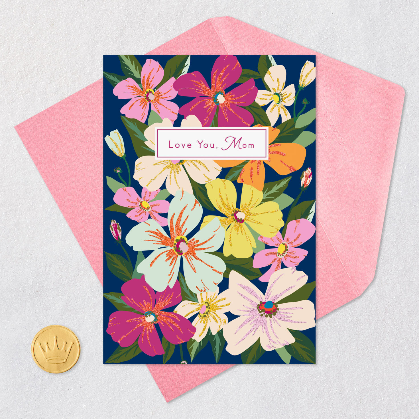 Colorful Flowers on Navy Mom Mother's Day Card Card Front with Envelope and Gold Seal image number 6