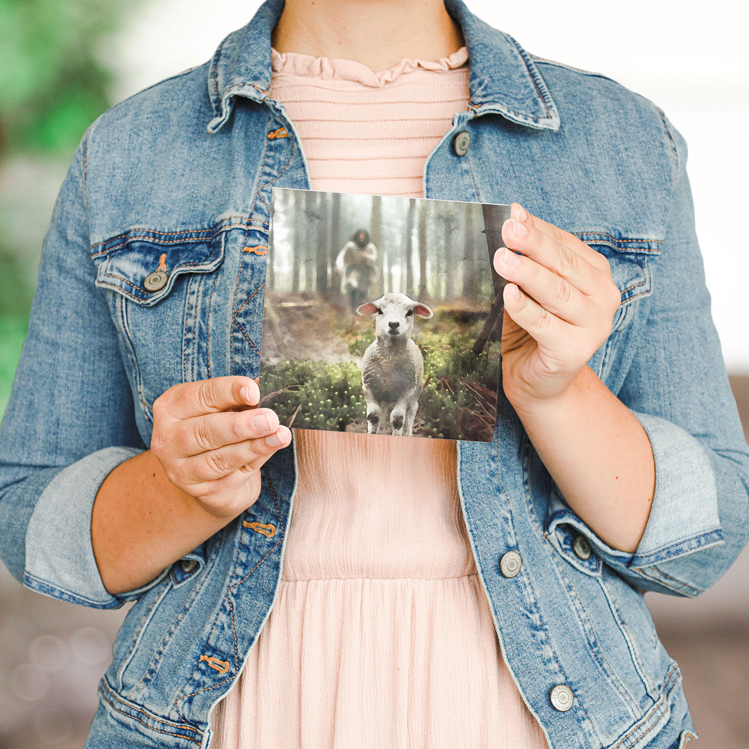 Jesus Chasing Lamb Image Square Wood Sign hands holding item image number 4