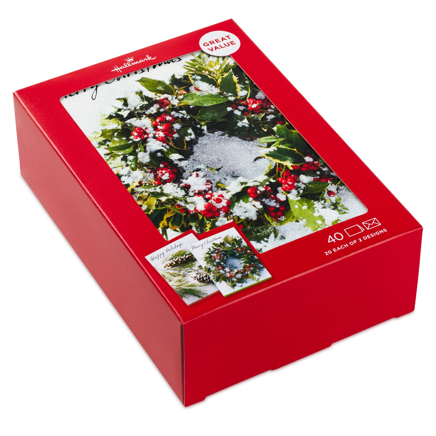 Wreath and Pine Branch Boxed Christmas Cards With Seals, Pack of 40, , large image number 2