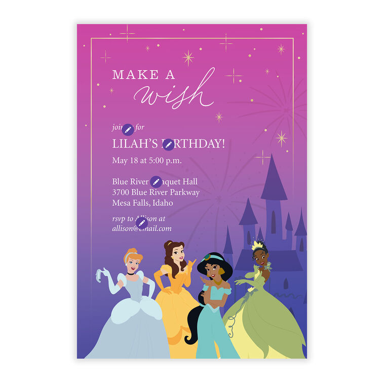 Disney Princess Make a Wish Flat Birthday Invitation - Invitations ...