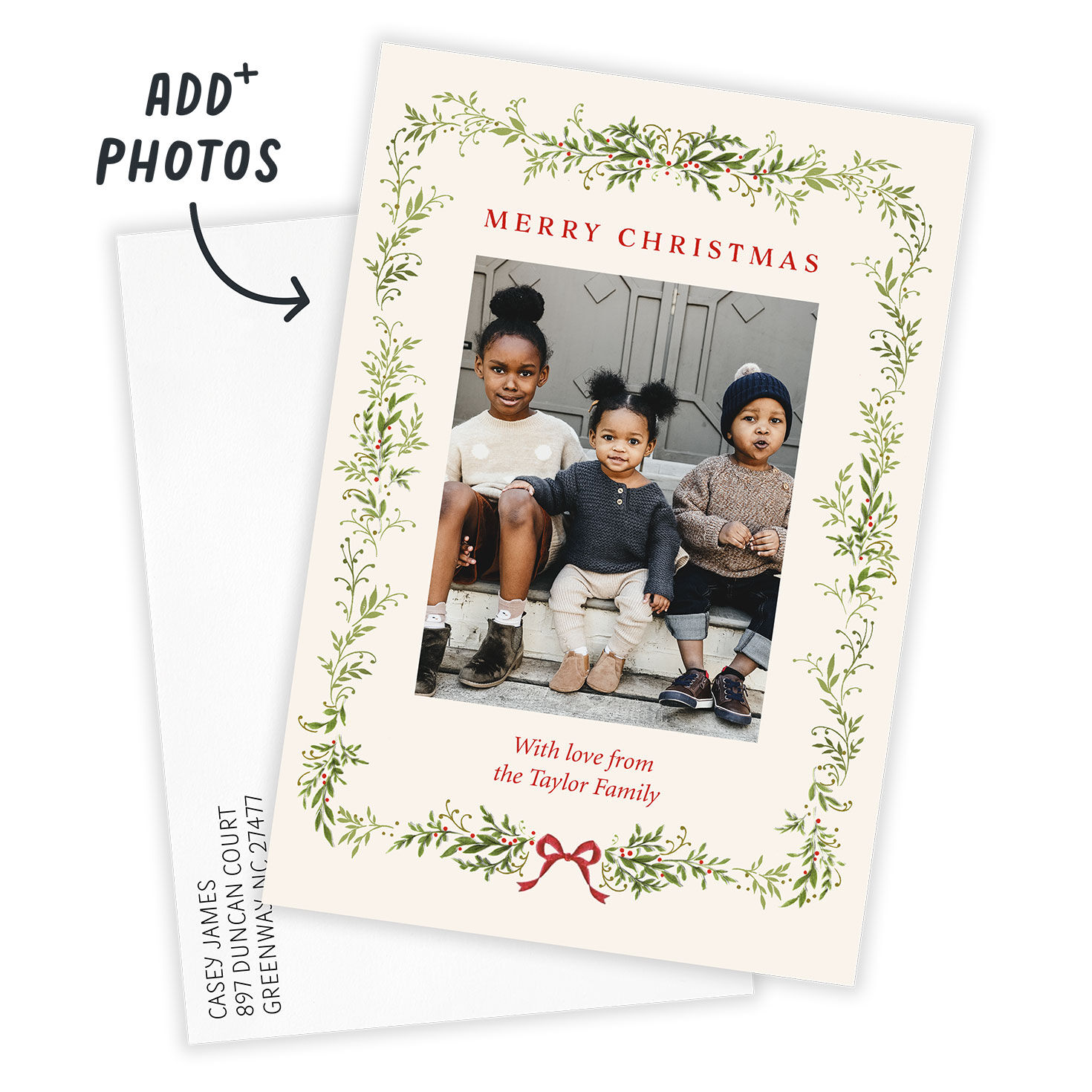 Garland Border Personalized Christmas Photo Card Card with Envelope indicating personalization image number 2