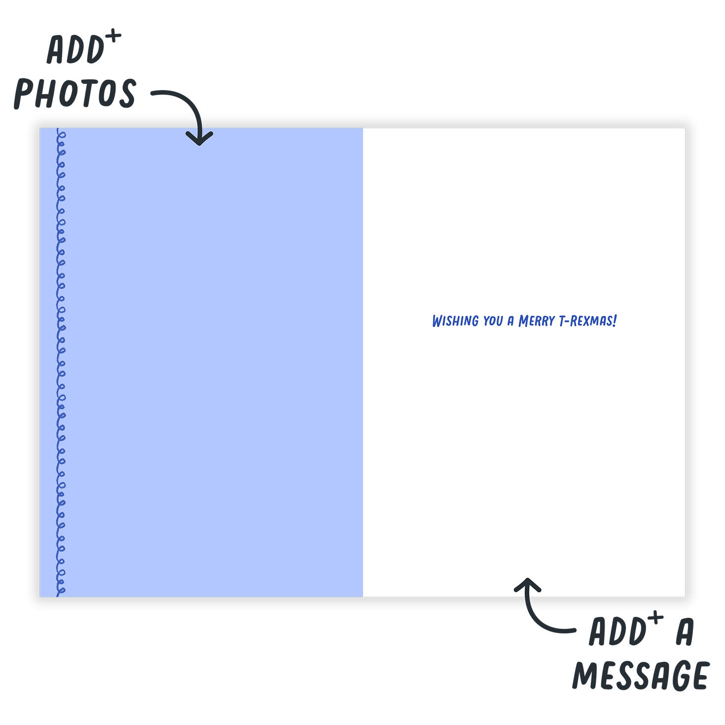 Santa Riding Dinosaur Personalized Christmas Card Open Card indicating personalization image number 3