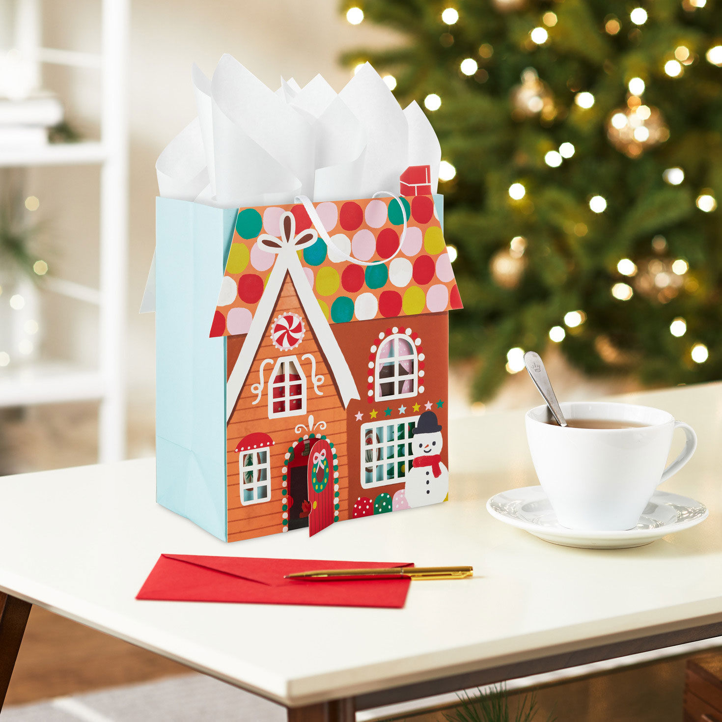 Gingerbread House Medium Christmas Gift Bag in use image number 2