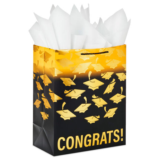 13" Mortarboards on Ombré Large Graduation Gift Bag With Tissue Paper, 