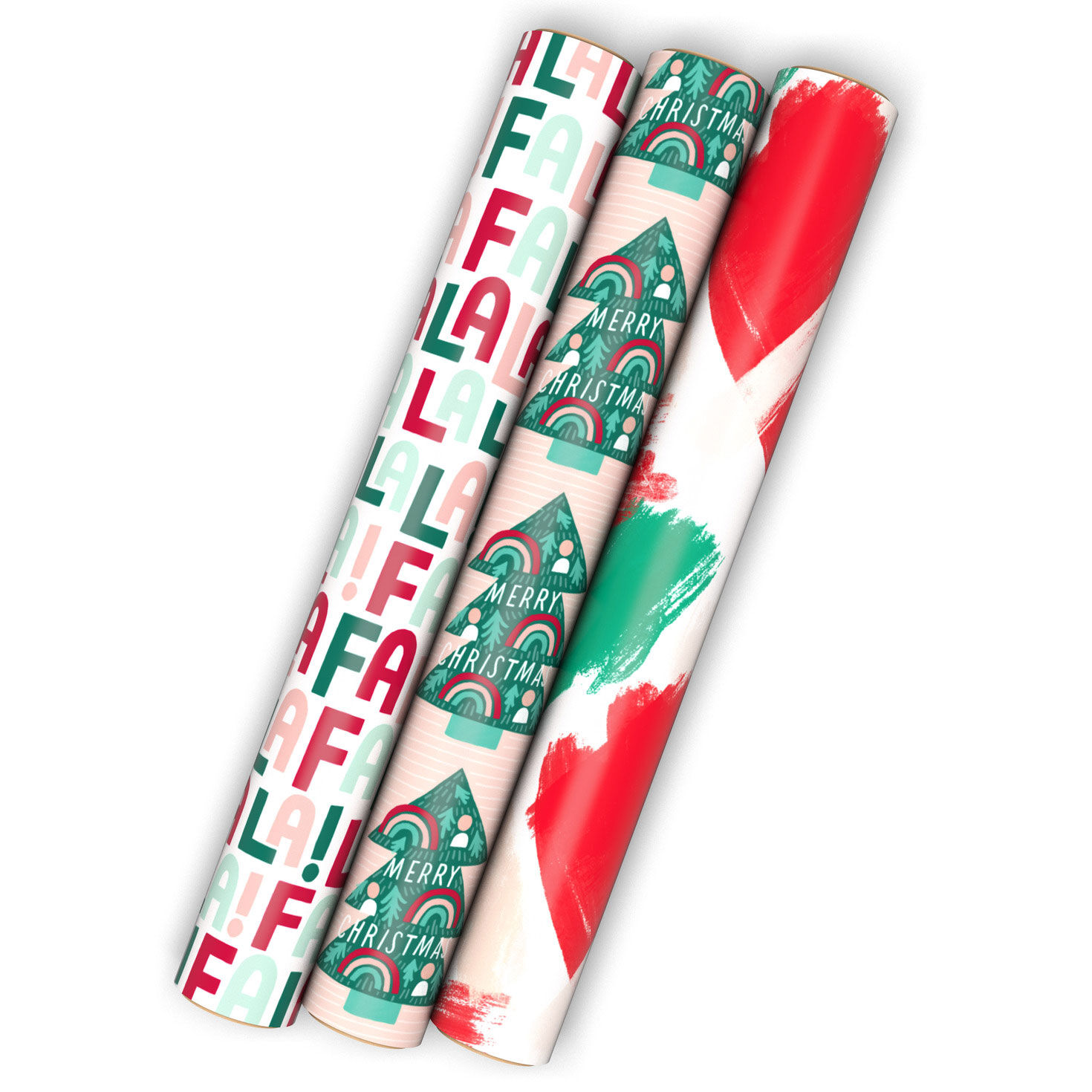 Modern Rainbow Trees, Pink and Green 3-Pack Assorted Christmas Wrapping Paper Mini Roll Bundle, 75 sq. ft. total