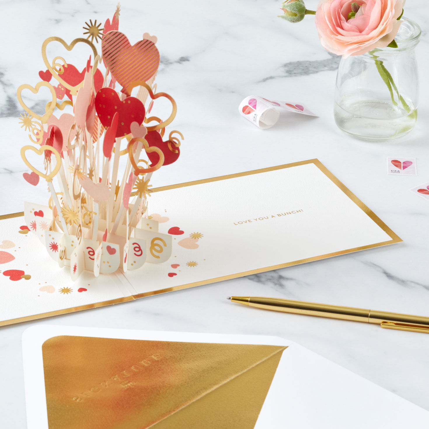 Love You Heart Bouquet 3D Pop-Up Valentine's Day Card Open Card and Envelope with pen image number 8
