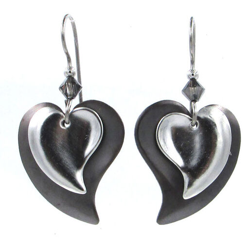 Silver Modern Hearts Layered Metal Drop Earrings, 
