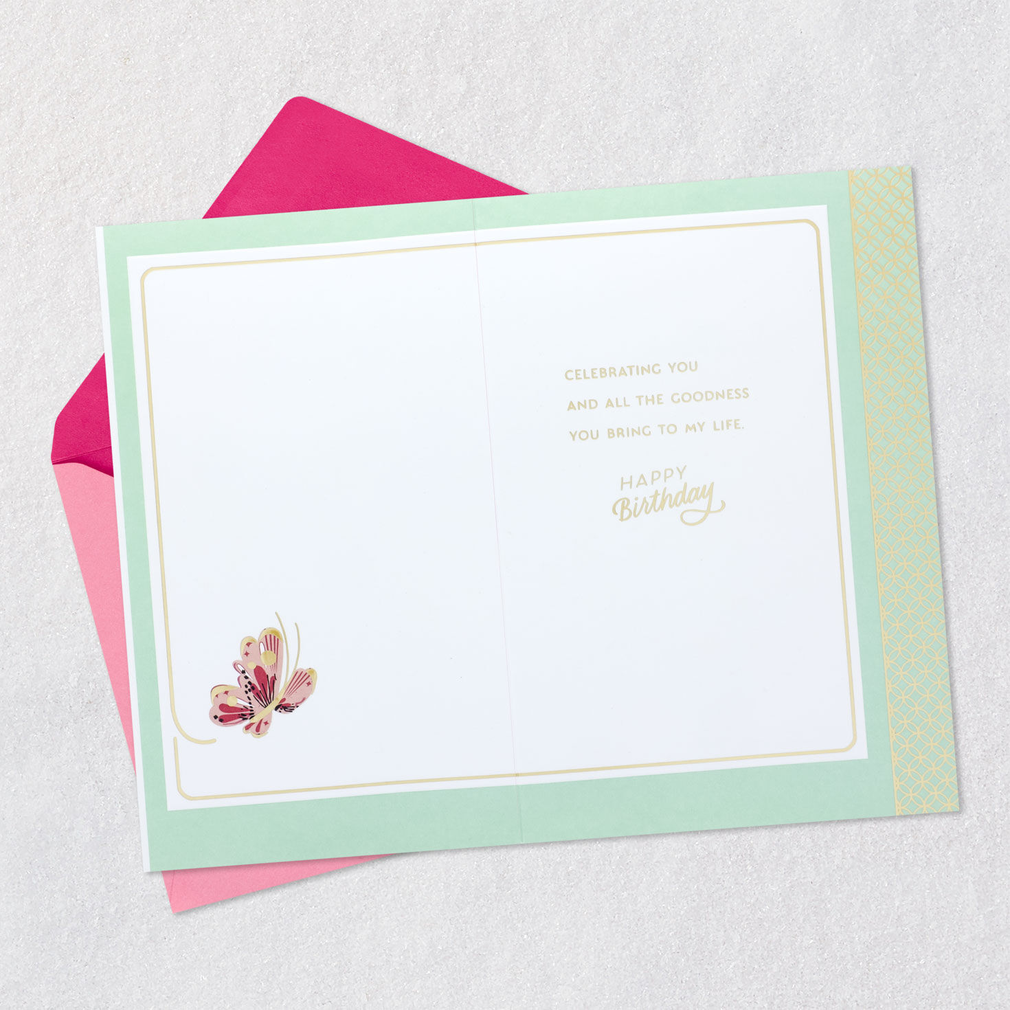 Pink Green Butterflies Friendship Birthday Card Open card with envelope image number 3