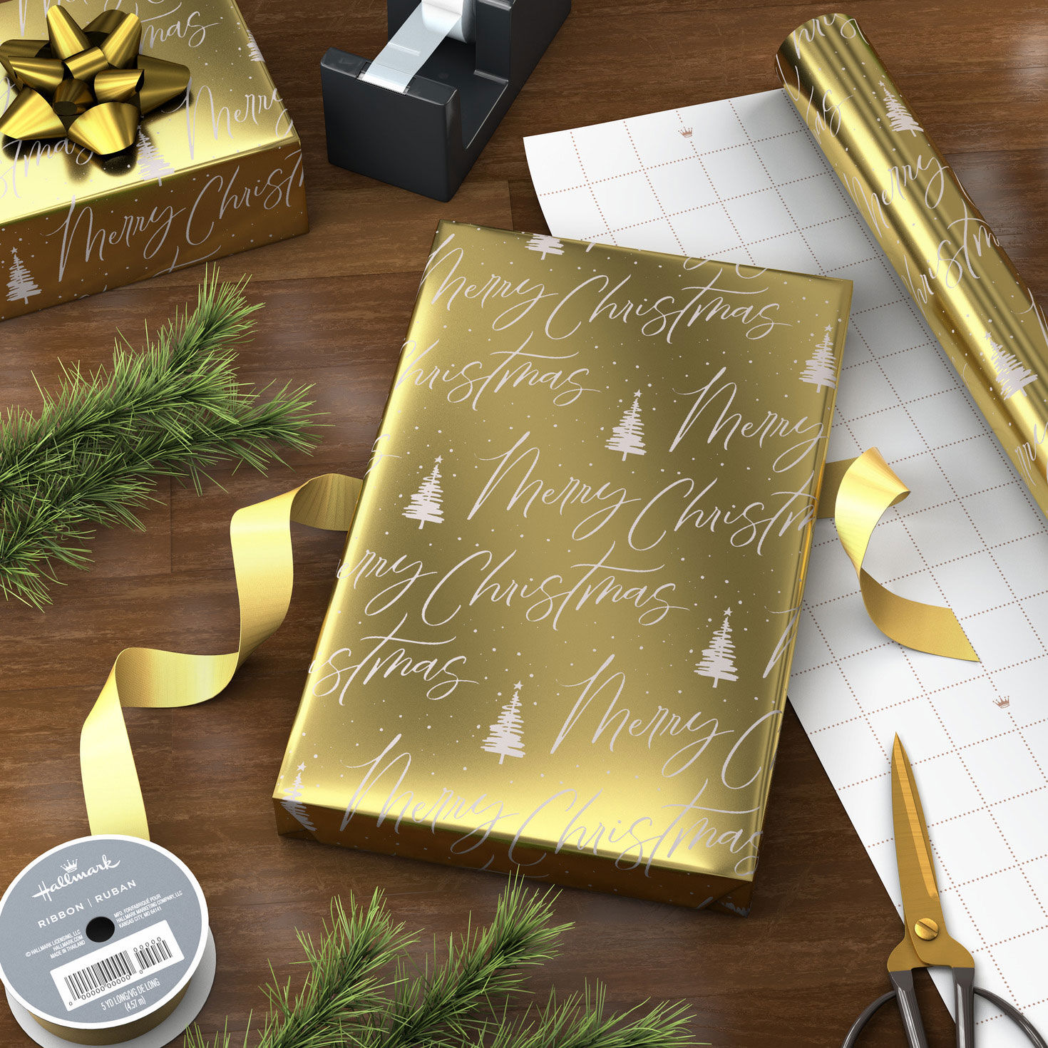 Merry Christmas on Gold Metallic Jumbo Wrapping Paper Roll, 54 sq. ft. for only USD 9.99 | Hallmark