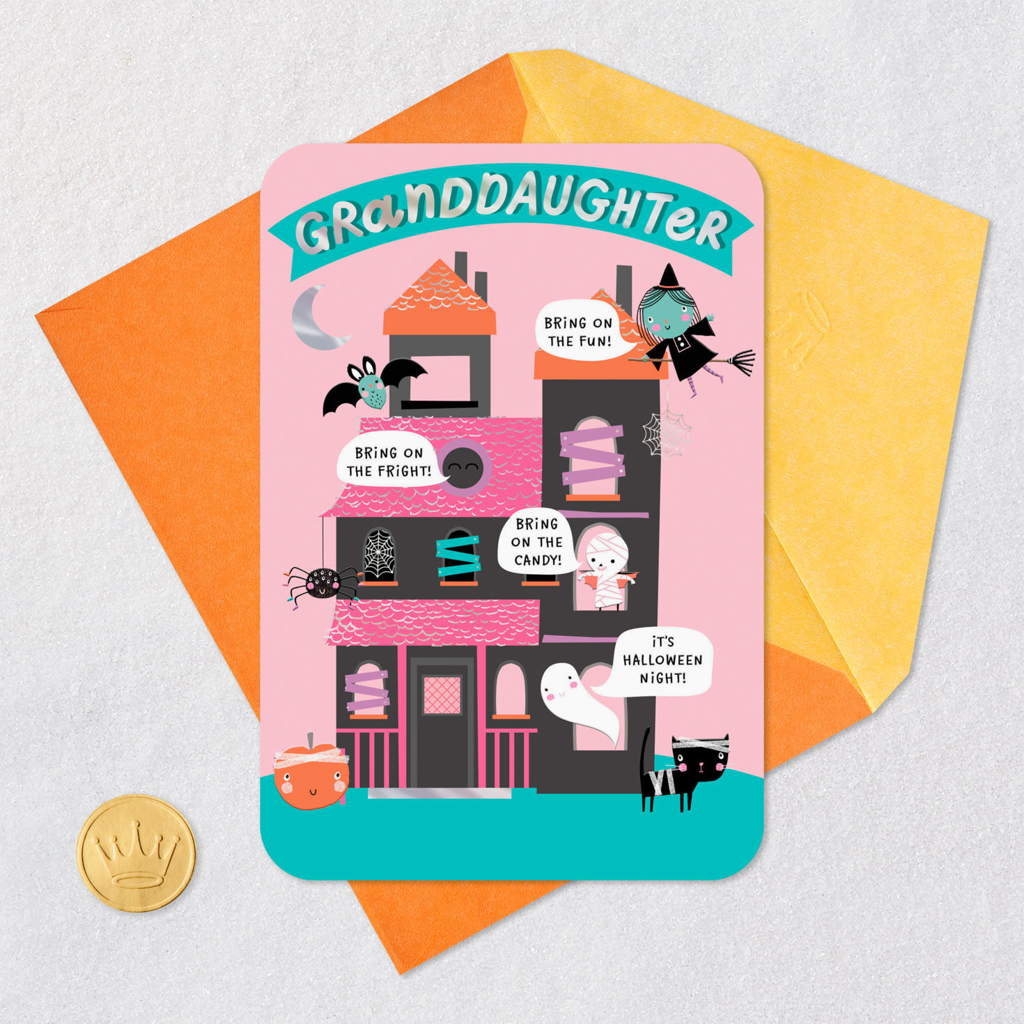 Pink Haunted House Halloween Card for Granddaughter Card Front with Envelope and Gold Seal image number 5