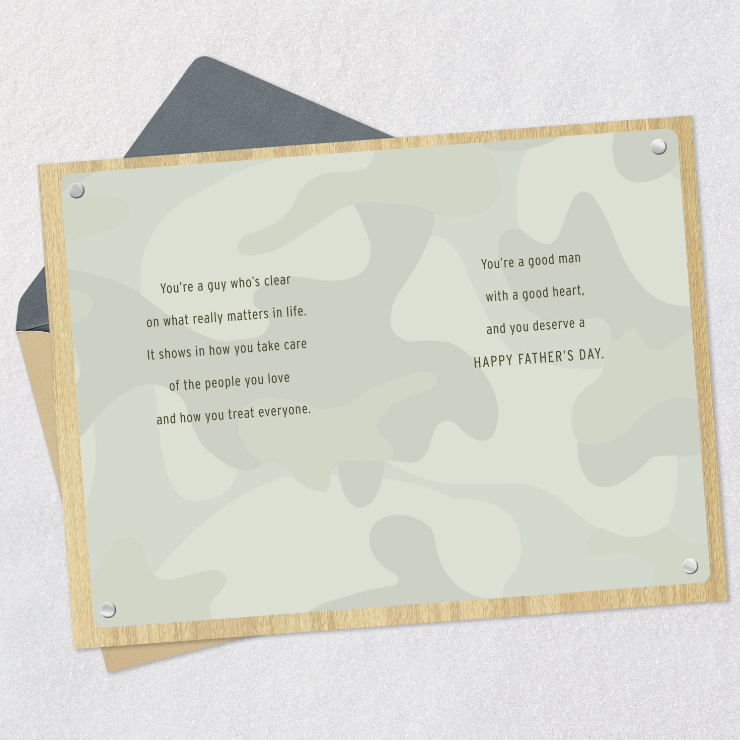 Camouflage on Wood Father's Day Card Open card with envelope image number 4