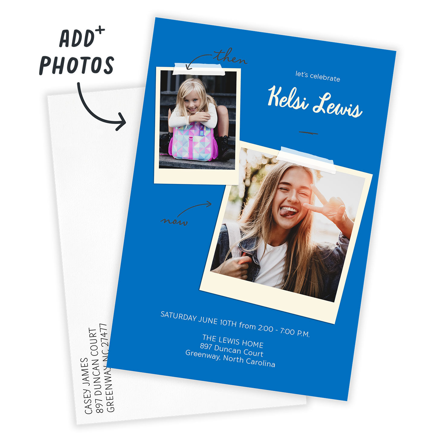 Two Polaroid Photos on Blue Grad Party Invitation Card Front indicating personalization image number 2