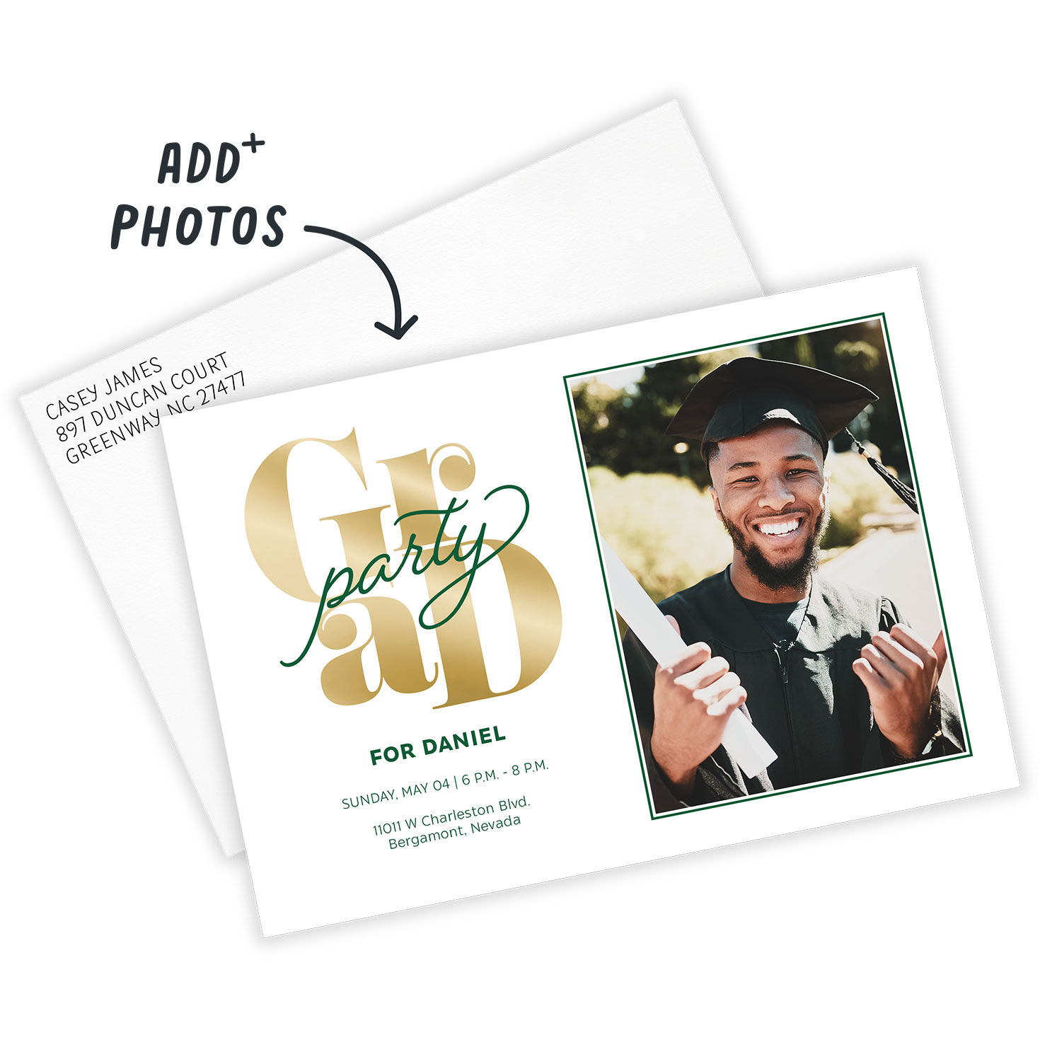 Gold and Green Personalized Grad Party Invitation Card Front indicating personalization image number 2