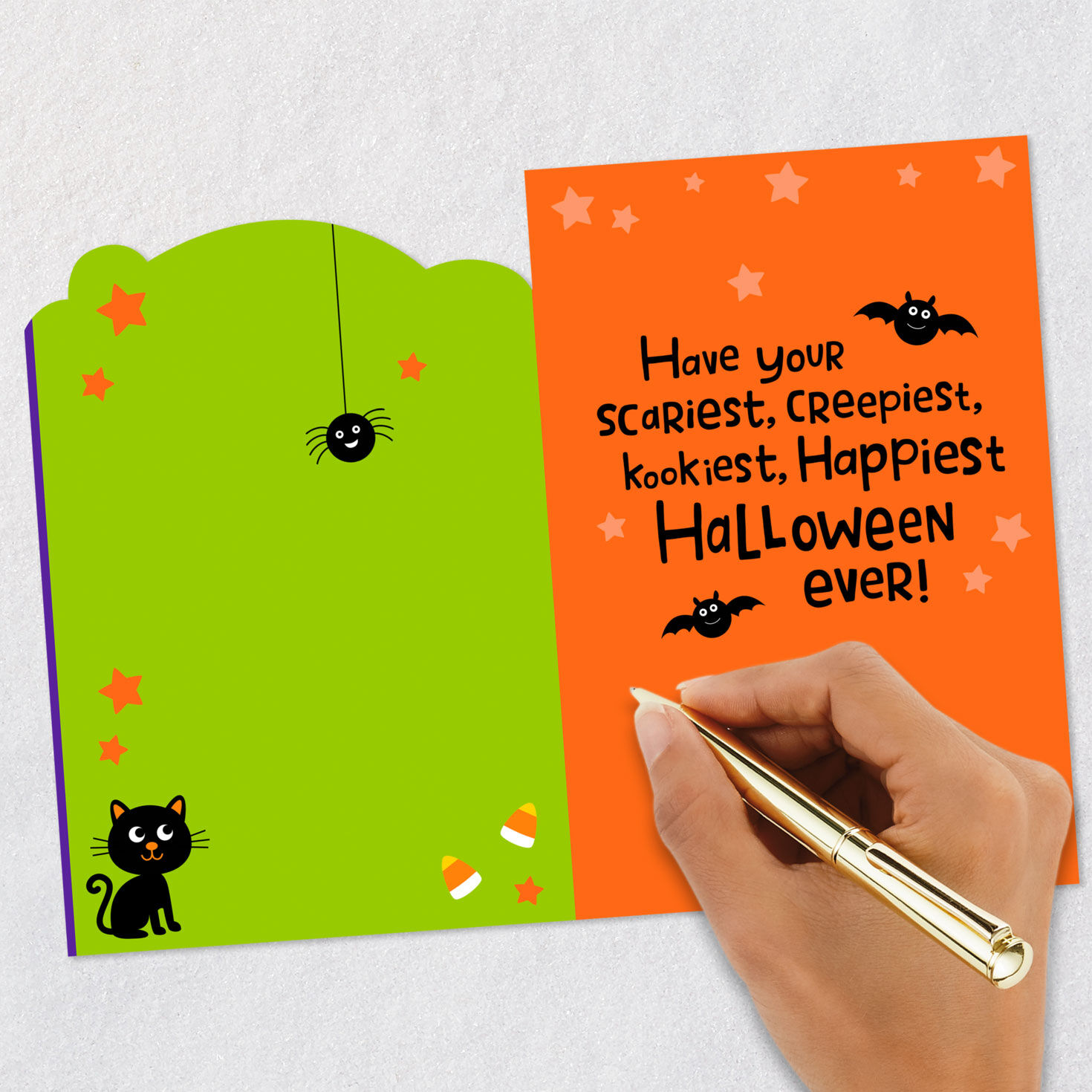 Cute Ghost With Pumpkin Bucket Kids Halloween Card Signing card image number 6