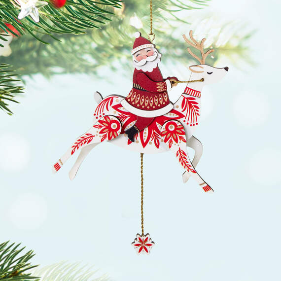 Pull-String Reindeer With Santa Wood Ornament, , large image number 2