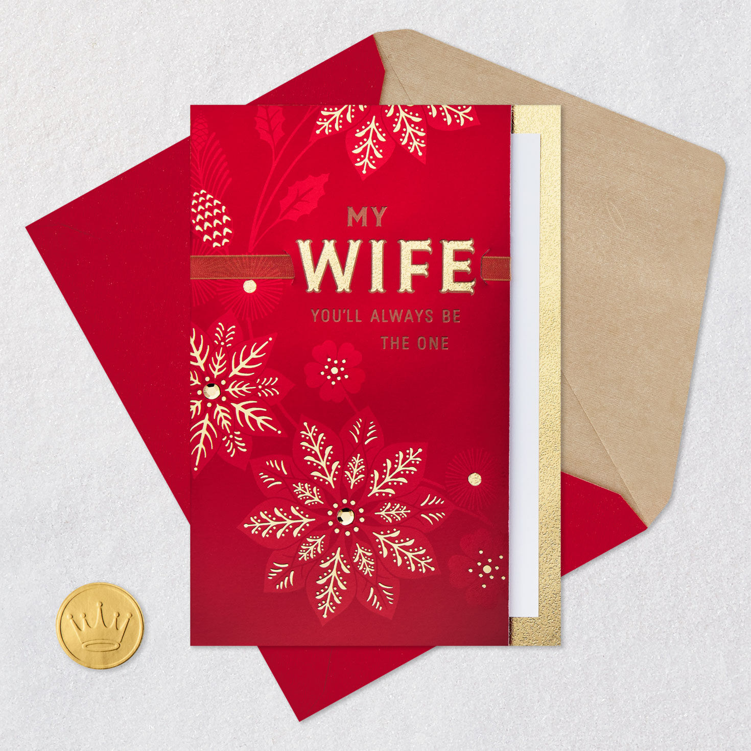 Red Poinsettias Romantic Christmas Card for Wife Card Front with Envelope and Gold Seal image number 7
