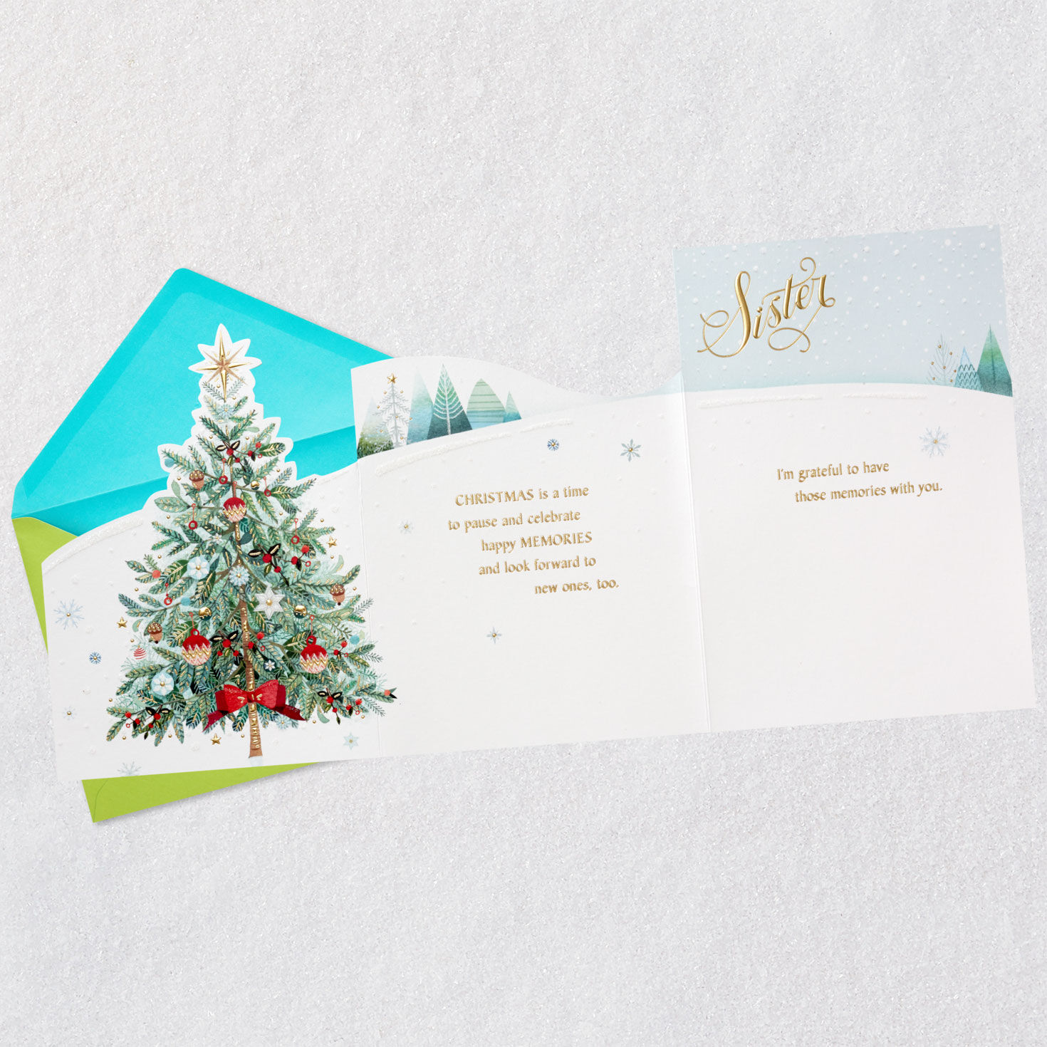 Decorated Tree in Snow Sister Christmas Card Open card with envelope image number 6